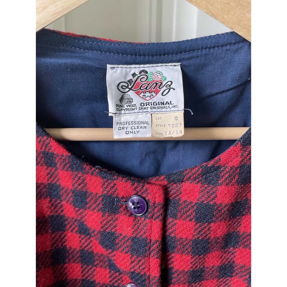 Vtg Lanz Originals Plaid Flannel Dress Sleeveless Red Navy Belt Pockets Sz Small - Picture 3 of 5